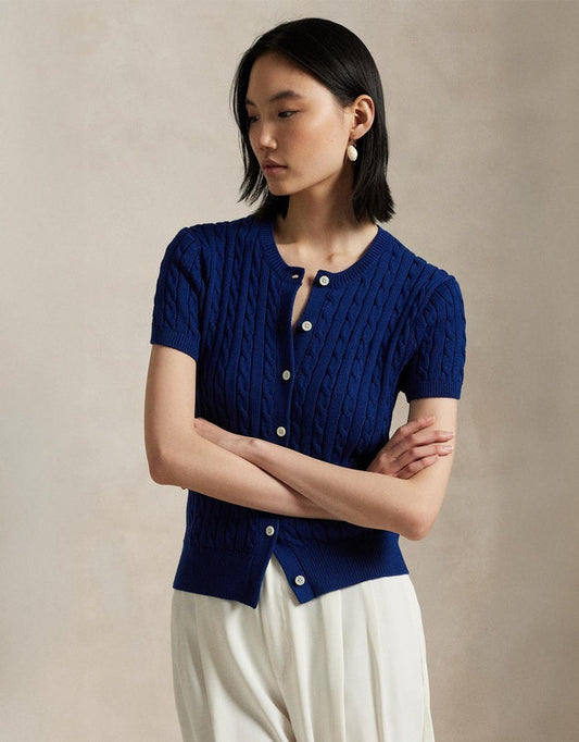Cable-Knit Cotton Short-Sleeve Cardigan